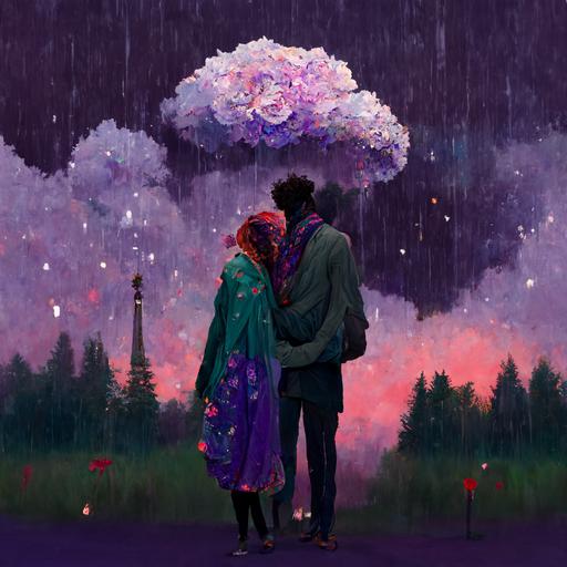 tall slim guy and short cute girl, hugging, gazebo, heavy rains, starry night, green lake, bone fire, purple roses, silver clouds, red scarf