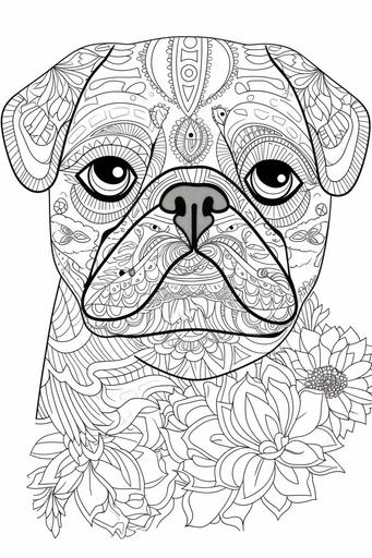 no flowers at the bottom right, coloring page for Audlts, Mandala, Dog image of the upper half body, Pug, white background, clean line art, fine line art --v 5 --ar 2:3