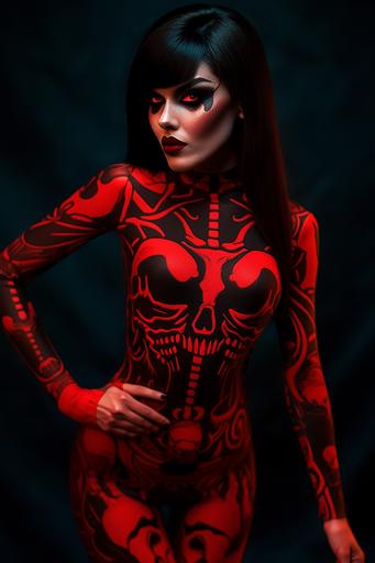 nocturnal goddess vampirella in a skin tight calavera costume, witchy, black and red latex --ar 2:3 --niji 5