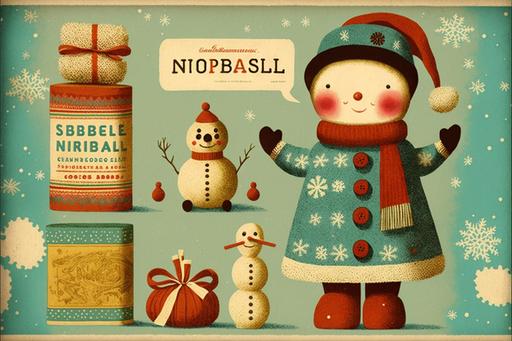 noel, SPICE, ERBS, VINTAGE TOY, snowman, TOY, pattern vintage illustration, colorfull. --ar 3:2 --v 4