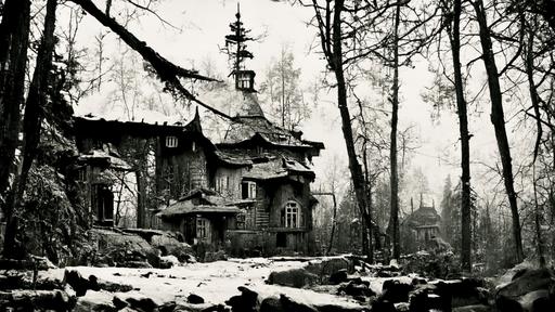 noir abandoned village in Russian forest, depressive, dramatic, cinematic --wallpaper