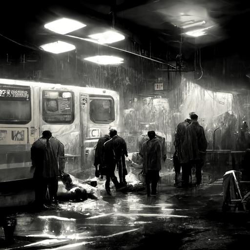 noir crime scene, forensics, lab technicians, New York subway station, greyscale, concept art, bleak, gritty, a crowd gathers, crossing tape, discovery of the body, ambulance lights reflecting off wet pavement