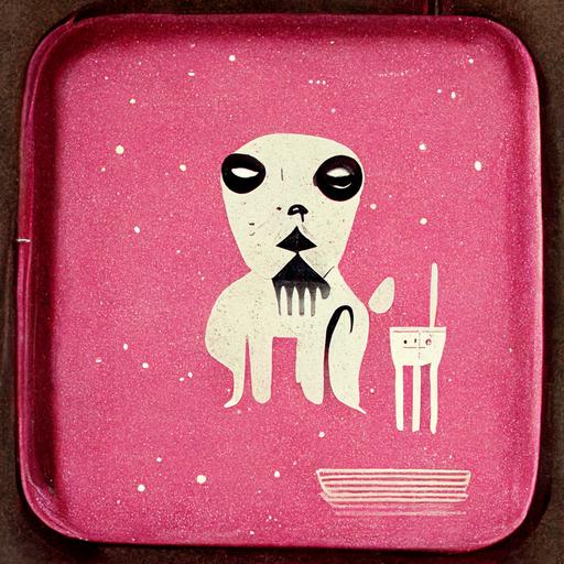 noir vintage lunch box, cartoon aliens and pink poodle illustrations