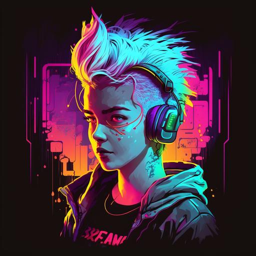 nonbinary gamer, dark background, neon lights, coloured hair, hald in shadow, half in light