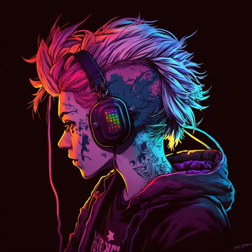 nonbinary gamer, dark background, neon lights, coloured hair, hald in shadow, half in light