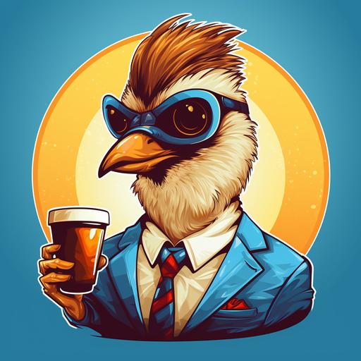 nonchalant, cool appearing bird wearing a suit, drinking coffee in the morning leading a business meeting. logo and branding style. 2D. vector art.
