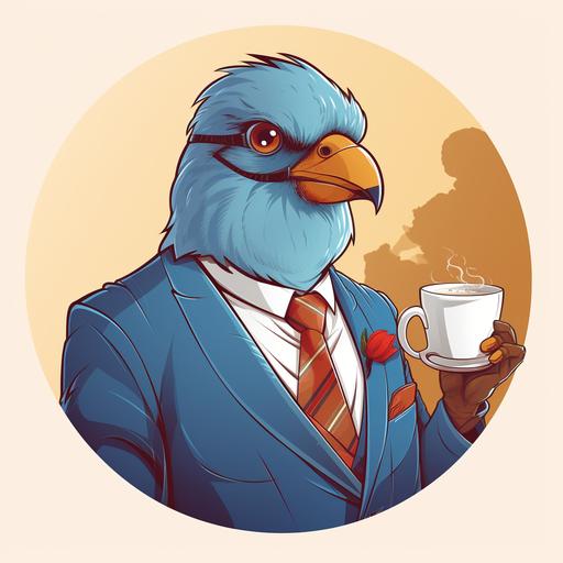 nonchalant, cool appearing bird wearing a suit, drinking coffee in the morning leading a business meeting. logo and branding style. 2D. vector art.