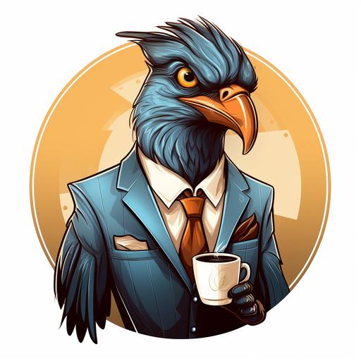 nonchalant, cool appearing bird wearing a suit, drinking coffee leading a business meeting. logo and branding style. 2D. vector art.