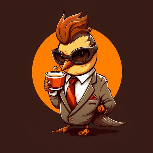 nonchalant, cool appearing bird wearing a suit, drinking coffee leading a business meeting. logo and branding style. 2D. vector art.