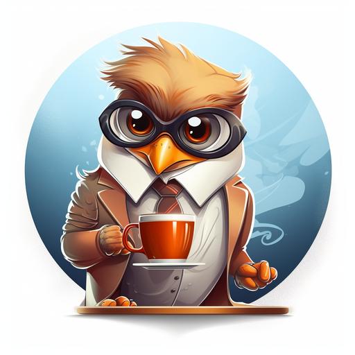 nonchalant, cool appearing bird wearing a suit, drinking coffee leading a business meeting. logo and branding style. 2D. vector art.