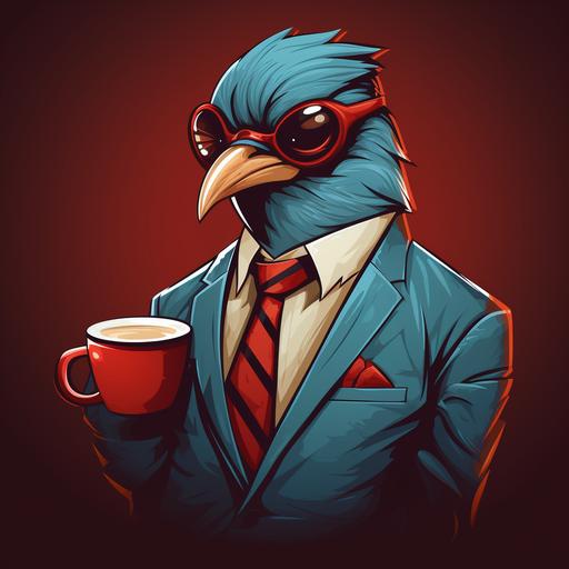 nonchalant, cool appearing bird wearing a suit, drinking coffee leading a business meeting. logo and branding style. 2D. vector art.