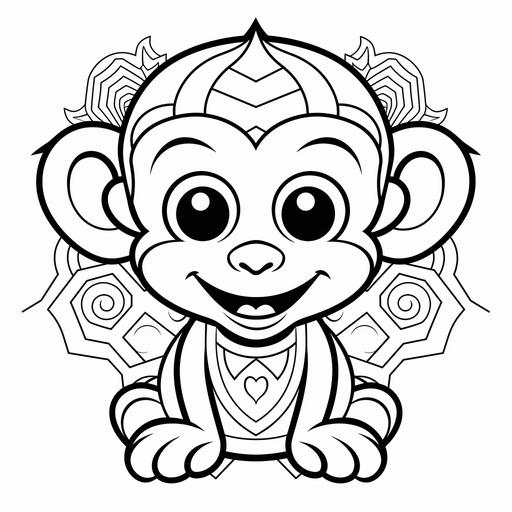 black & white coloring page for kids, simple, cartoon style, white background, cute, mandella monkey, smiling, thick lines, geometric--ar9:11