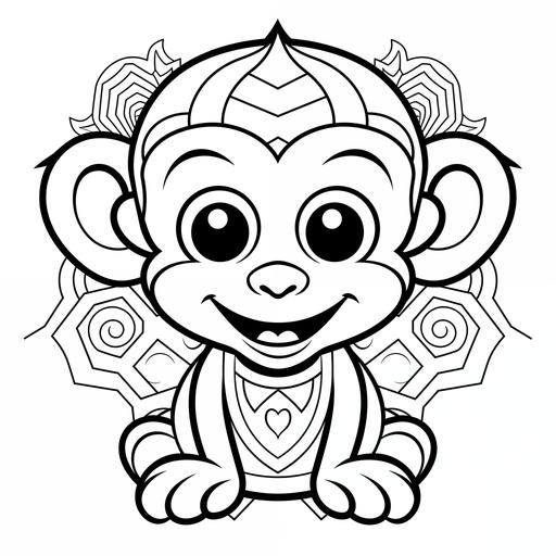 black & white coloring page for kids, simple, cartoon style, white background, cute, mandella monkey, smiling, thick lines, geometric--ar9:11