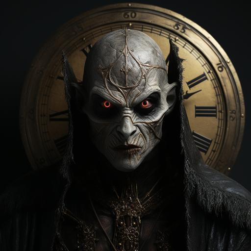 nosferatu, evil, scary, face, partially covered, goth clock on blackground, realistic --s 750 --v 5.2