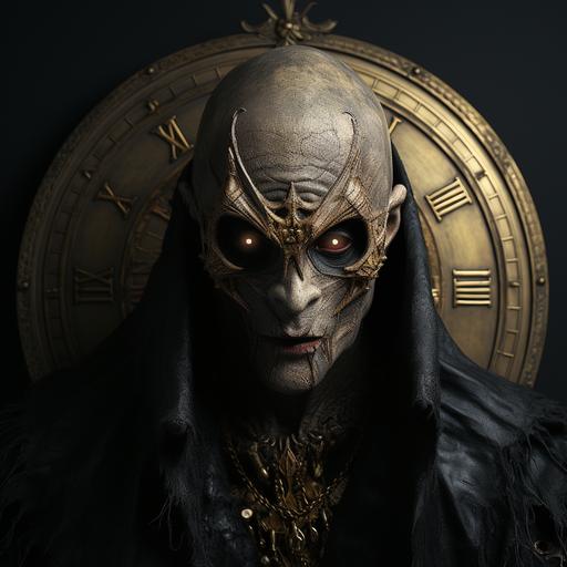 nosferatu, evil, scary, face, partially covered, goth clock on blackground, realistic --s 750 --v 5.2