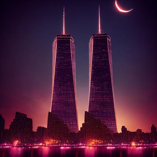 twin towers at night with crescent moon, 4k, cinematic, --testp --upbeta --upbeta --upbeta