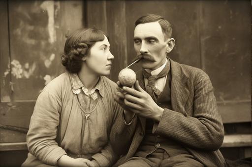 nostalgic photo, scared couple with a cat eating a meatball, vintage camera, 100mm Meyer Trioplan lens, bubble bokeh, 1916 --ar 3:2 --v 5