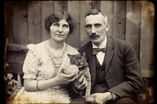 nostalgic photo, scared couple with a cat eating a meatball, vintage camera, 100mm Meyer Trioplan lens, bubble bokeh, 1916 --ar 3:2 --v 5