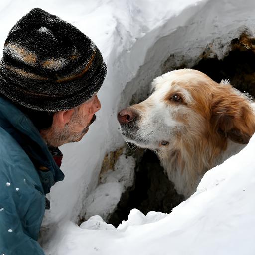 a resque dog searhing a man looking down in snow lavine hole, in the alps, creative, expressive, unique, high quality, realistic, photorealistic,
