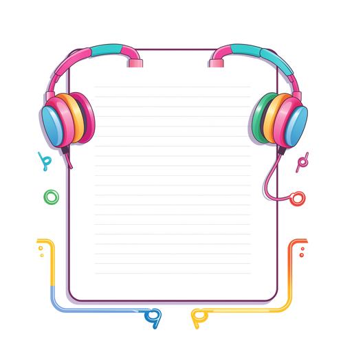 notepad border, colorful happy pencils with headphones and shades, white background, kawaii, contour, vector