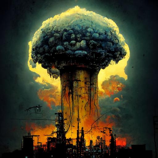 nuclear armagedon, skull shaped mushroom cloud, post apocalyptic city ruins, dead animal skeletons, HUMAN SLUGS, simon bisley style, post apocalyptic, high definition, ultra photo realistic, translucent skin, graffiti, characters, nuclear, neon