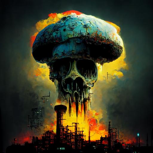 nuclear armagedon, skull shaped mushroom cloud, post apocalyptic city ruins, dead animal skeletons, HUMAN SLUGS, simon bisley style, post apocalyptic, high definition, ultra photo realistic, translucent skin, graffiti, characters, nuclear, neon