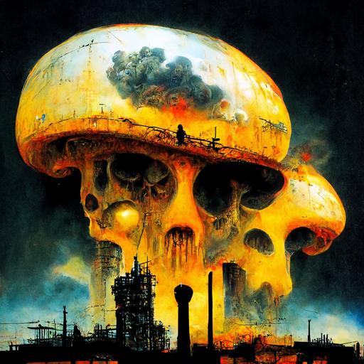 nuclear armagedon, skull shaped mushroom cloud, post apocalyptic city ruins, dead animal skeletons, HUMAN SLUGS, simon bisley style, post apocalyptic, high definition, ultra photo realistic, translucent skin, graffiti, characters, nuclear, neon  --w 3000 --h 3000