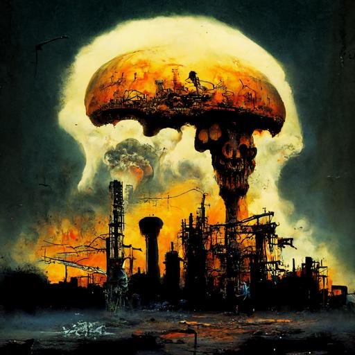 nuclear armagedon, skull shaped mushroom cloud, post apocalyptic city ruins, dead animal skeletons, HUMAN SLUGS, simon bisley style, post apocalyptic, high definition, ultra photo realistic, translucent skin, graffiti, characters, nuclear, neon  --w 3000 --h 3000