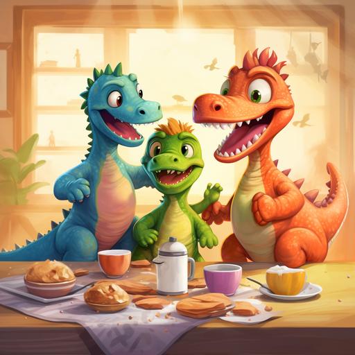 Dino family of 5 with a mom dino, dad dino and 3 baby dinos at breakfast. Dad is making a big announcement so the 3 baby dinos are excited. vibrant colors and disney pixar style