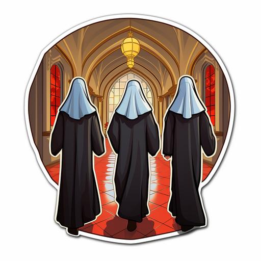 nuns walking into a church, cartoon style, sticker