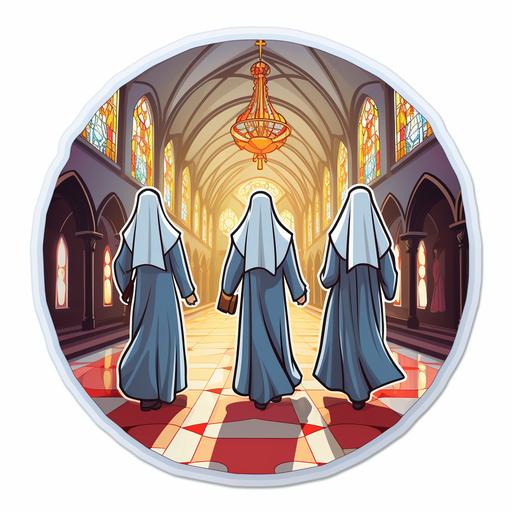 nuns walking into a church, cartoon style, sticker