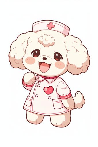 nurse, medical kawaii puppy dog teddy bear, blushing , smiling and looking up, full body view, kawaii, sticker design, Sanrio, labcoat, chibi, dancing, caduceus cute, low detail, FLAT, white background --niji 5 --ar 2:3