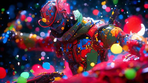 nutcracker soldier toy character, paint explosion in space, paint all over toy soldier, colorful, photography, extreme close up, hyper detailed --ar 16:9 --niji 5