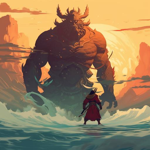 Atey Ghailan's illustration depicting Giant Kaiju God in ancient hindu Buddhist armor with demon mask rising from the ocean in the horizon dynamic portrait --s 50 --v 5.2