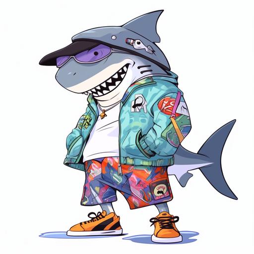 Cartoon Shark character Disney Pixar style Raggae rastafari rasta style costume thrasher shark character cute Raggae shark portrait --s 50 --niji 5