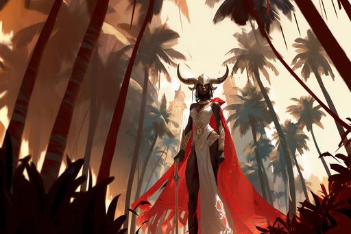 Chip Zdardsky's illustration depicting female human goat hybrid. Goat head. Dark skin. Dark fur. Very thin slim slender body. Golden accents. Goat mask. Goat horns. Tribal tropical clothes. Holding two Spartan swords. Floating. Flowing red cape. Standing infront of ancient hindu temple. Surrounded by tropical jungle with tall palm trees. Character concept art. White background. By Chip Zdarsky. --v 5.2