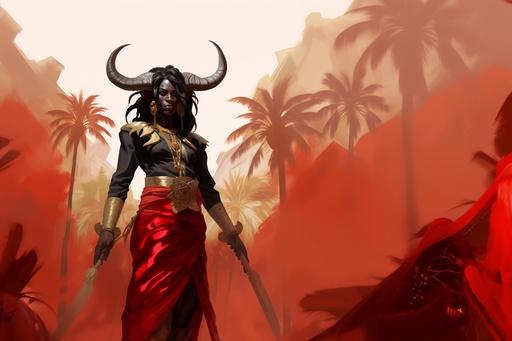 Chip Zdardsky's illustration depicting female human goat hybrid. Goat head. Dark skin. Dark fur. Very thin slim slender body. Golden accents. Goat mask. Goat horns. Tribal tropical clothes. Holding two Spartan swords. Floating. Flowing red cape. Standing infront of ancient hindu temple. Surrounded by tropical jungle with tall palm trees. Character concept art. White background. By Chip Zdarsky. --v 5.2 --s 50