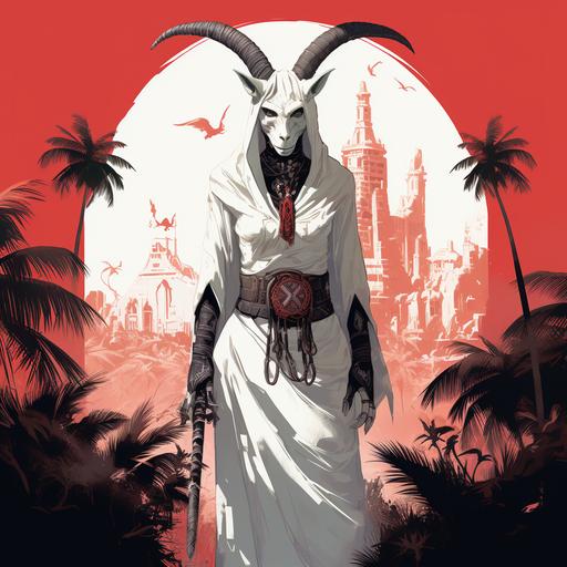 Chip Zdardsky's illustration depicting female human goat hybrid. human face. female assassin. wearing goat skull with goat ram horns. black and red clothes. Ninja pose. dual daggers. hooded cape. stealth.Standing infront of ancient hindu temple. Surrounded by tropical jungle with tall palm trees. Character concept art. White background. By Chip Zdarsky. --v 5.2