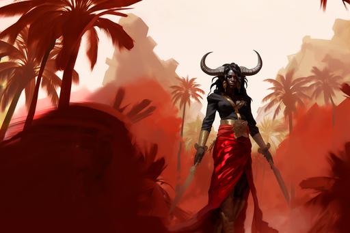 Chip Zdardsky's illustration depicting female human goat hybrid. Goat head. Dark skin. Dark fur. Very thin slim slender body. Golden accents. Goat mask. Goat horns. Tribal tropical clothes. Holding two Spartan swords. Floating. Flowing red cape. Standing infront of ancient hindu temple. Surrounded by tropical jungle with tall palm trees. Character concept art. White background. By Chip Zdarsky. --v 5.2 --s 50