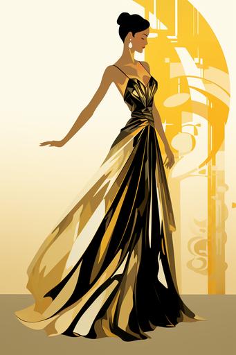 flat design fashion design sketch style by Marjorie Miller and Martin Ansin of a poster illustration on a gold leaf background of Russian Prima ballerina en-pointe wearing a gorgeous rainbow hombre silk taffeta gown with a long white gloves, tailored, refined, beautiful in an active dance pose, high resolution, 8k, self-contained design, whole design fits on the artboard::2 colored background, text, cropping, touching edges, running off side, high heels::-1 --ar 2:3 --s 333 --c 33 --version 5.2