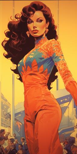 poster illustration by Martin Ansin::4 of wonder woman in a red blue and gold polyester leisure suit with stars and strips on it at the disco studio 54 ultra-detailed hand shaded cell with vivid colors, harmonious design::2.5 stunningly beautiful wonder woman wearing her costume interpreted as a late 1970s polyester-leisure-suit including polyester jacket with wide lapels and matching polyester pants and a halter top, very 70s but feminine, with tiara and gauntlets::3 she is in the spotlight on the dance floor at Studio 54 in NYC::3 --ar 1:2 --c 33 --v 5.1 --v 5.1 --s 750