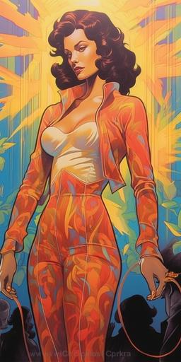 poster illustration by Martin Ansin::4 of wonder woman in a polyester leisure suit at the disco studio 54 ultra-detailed hand shaded cell with vivid colors, harmonious design::2.5 stunningly beautiful wonder woman wearing her costume interpreted as a late 1970s polyester-leisure-suit including polyester jacket with wide lapels and matching polyester pants and a halter top, very 70s but feminine, with tiara and gauntlets::3 she is in the spotlight on the dance floor at Studio 54 in NYC::3 --ar 1:2 --c 33 --v 5.1 --v 5.1 --s 750