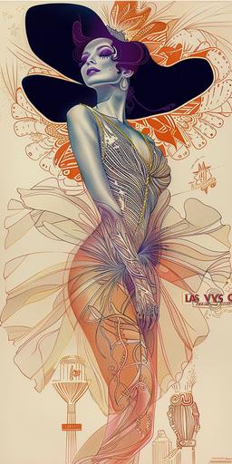 vivid optical art, in the style of Escher, extremely minimalist single line sketch intaglio engraved crosshatching, contour lines, stippling, in purples and blues and oranges and gold, decorative printmaking, elegant, regal, tasteful, dramatic three color vintage travel poster for Las Vegas, showing a beautiful showgirl wearing a large elaborate headdress and sparkling costume with fringe and high heeled shoes, with all the lights of the Vegas strip behind her, neon, signage::3 text, words, titles, names, drop shadow, shadow. dimensionality, depth, 3D, cartoon::-1 --chaos 33 --ar 1:2 --style raw --sref     --sw 999 --stylize 888  --v 6.0