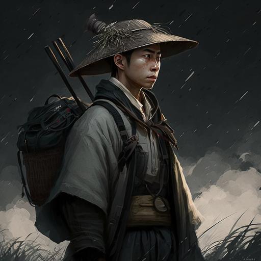 Ryoji Kaji, young adult man, muscular, black ponytail, stupple, wearing ancient japanese winter clothes, backpack, oriental bamboo straw hat, portrai, straw and dark sky background