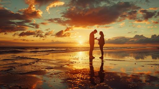 a marriage proposal on the beach, 35 year ols latin woman, hansome man, huge ring, sunset, professional photography, realism, high detail capture --ar 16:9 --v 6.0