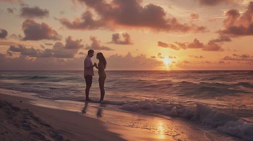 a marriage proposal on the beach, 35 year ols latin woman, hansome man, huge ring, sunset, professional photography, realism, high detail capture --ar 16:9 --v 6.0