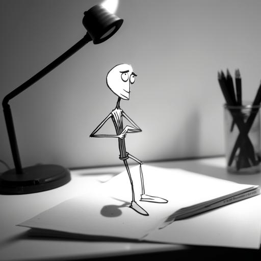 stick figure villain desk details warm black and white desk lamp writing