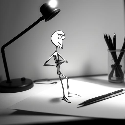 stick figure villain desk details warm black and white desk lamp writing