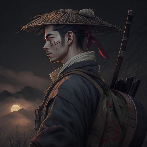 young adult man, muscular, black ponytail, stupple, wearing ancient japanese winter clothes, backpack, oriental bamboo straw hat, portrai, straw and dark sky background