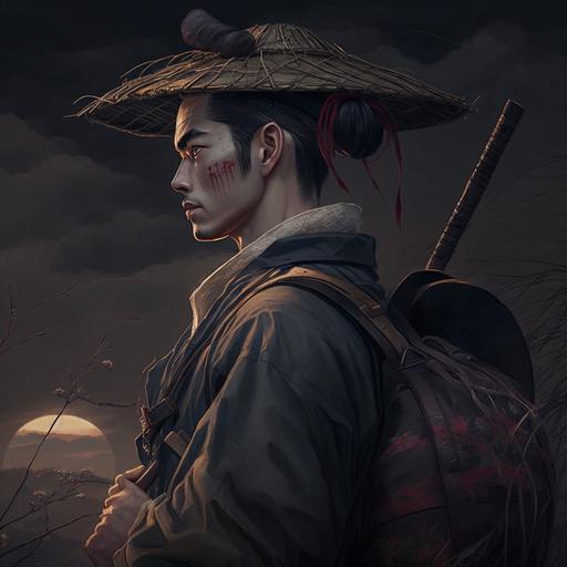young adult man, muscular, black ponytail, stupple, wearing ancient japanese winter clothes, backpack, oriental bamboo straw hat, portrai, straw and dark sky background